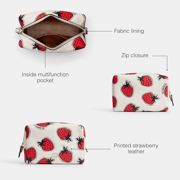 Coach Essential Cosmetic Pouch With Strawberry Print in Chalk Pebble Leather NWT - Picture 10 of 14